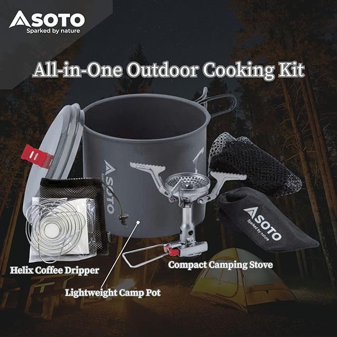 SOTO Compact Helix Coffee Maker Portable Stainless Steel Pour Over Coffee Dripper wth New River Camping Pot &amp Portable Amicus Camping Stove with or without Igniter - Backpacking Stove Set