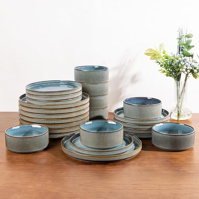 GBHOME 24-Piece Stoneware Dinnerware Set for 8 – Ribbed Ceramic Plates and Bowls Scratch-Resistant Microwave &amp Dishwasher Safe Reactive Glaze Deep Ocean
