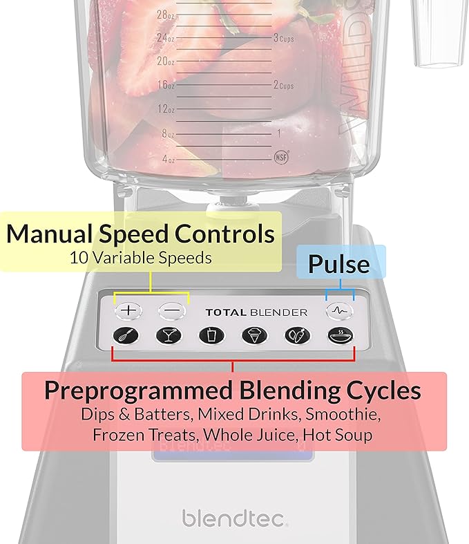 Blendtec Total Classic Original Blender-WildSide+ Jar (90 oz) Professional-Grade Power-6 Pre-programmed Cycles-10-speeds White (TB-611-25)