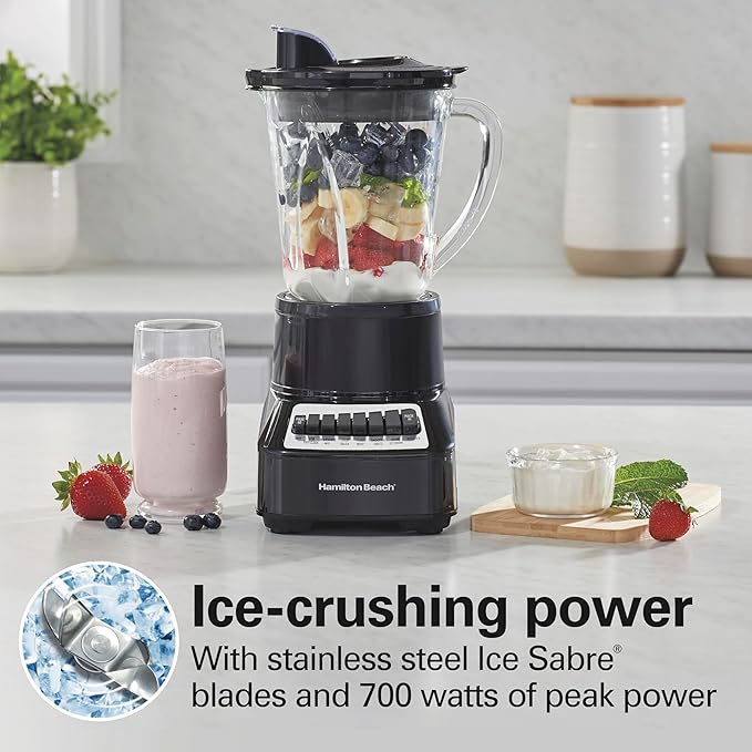 Hamilton Beach Wave Crusher Blender for Smoothies With 40 Oz Glass Jar and 14 Functions Ice Sabre Blades &amp 700 Watts for Consistently Smooth Results Black &amp Stainless Steel (54220)