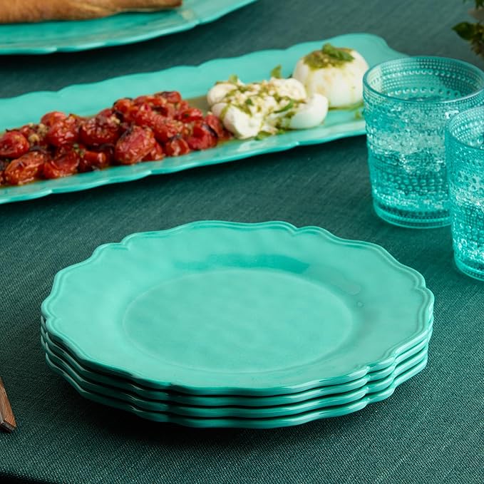Isabella Teal 12-Piece Melamine Dinnerware Set for 4 – Vibrant Crackle Glaze Plates &amp Bowls with Scalloped Edges Durable Lightweight Dishwasher Safe for Everyday and Outdoor Dining