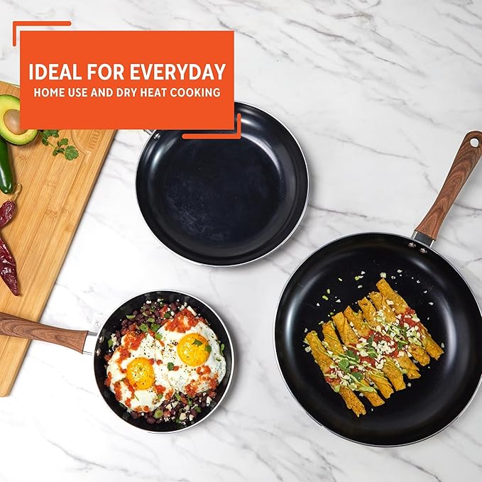 IMUSA Nonstick Ceramic Cookware Set 3-Piece 7in/9in/11in with Soft-Touch Handles Aluminum Black