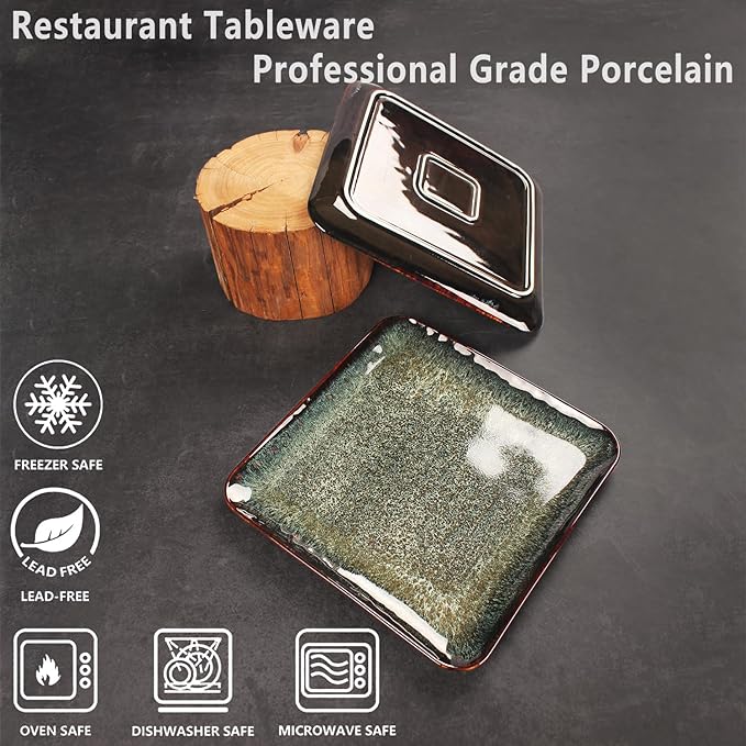 Ceramic Dinner Plates Dish Set Set of 4 Microwave Oven and Dishwasher Safe Scratch Resistant Dinnerware Kitchen Porcelain Serving Dishes 9 inch Square plate