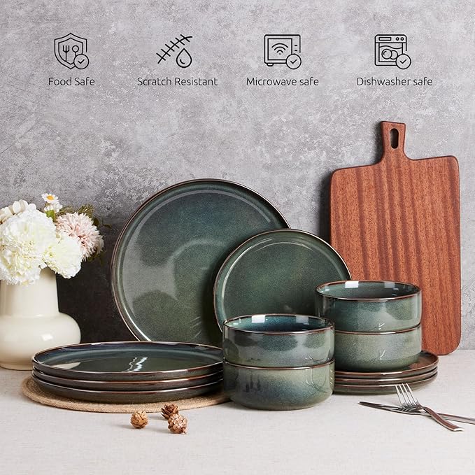 E-far 6-Piece Plates and Bowls Set Stoneware Dinnerware Sets for 2 Ceramic Dishes Reactive Glaze Dinning Ware Microwave &amp Dishwasher Safe - Obsidian Green