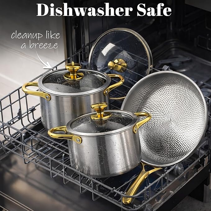 100% Pure Titanium Pan Pro Cookware Set 18cm Milk Pan + 24cm Stock Pot + 28cm Hammered Fry Pans Induction &amp Gas Compatible Easy Clean Oven &amp Dishwasher Safe (7.08+9.44+11.02in)
