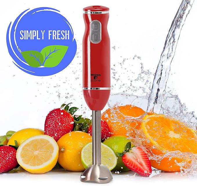 Moss &amp Stone Electric Hand Blender Set 300W Immersion Hand Blender with Whisk and Chopper Stainless Steel Shaft and Blades 2-Speed Handheld Mixer with Ergonomic Grip Red