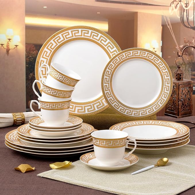 Euro Porcelain 20-pc Dinnerware Set w/ Gold Greek Key Pattern 24K Ornament HQ Dining Service for 4