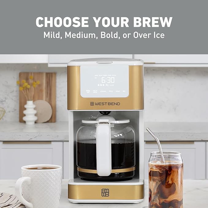 West Bend Timeless 12-Cup Programmable Coffee Maker with Brew Strength Selector for Hot and Iced Coffee Includes 1-4 Cup Brew Option and Permanent Filter