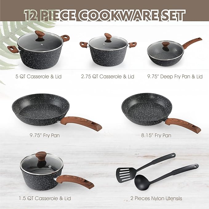 MAISON ARTS Kitchen Cookware Sets Nonstick 12 Piece Pots and Pans Set Non Stick Granite Coated Cooking for Induction Oven Stovetop