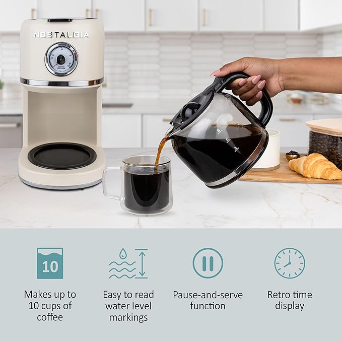 Nostalgia Classic Retro 10 Cup Coffee Maker - One-Touch Drip Brew Reusable Filter - Anti-Drip Auto Shutoff &amp Time Display - Dishwasher Safe 50 oz Carafe - Cream