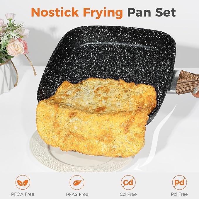 NEWBULIG 3-Piece Nonstick Grill Pan Set Square Griddle Pans with Wooden Handle Compatible with All Stovetops Ideal for Steak BBQ &amp Vegetables (9.5 10.2 11) Black
