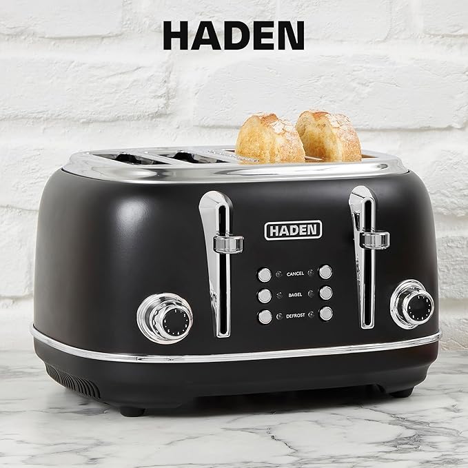 Haden Heritage 4 Slice Wide Slot Stainless Steel Toaster Bundled with 12 Cup Programmable Drip Coffee Maker Coffee Machine Black &amp Chrome