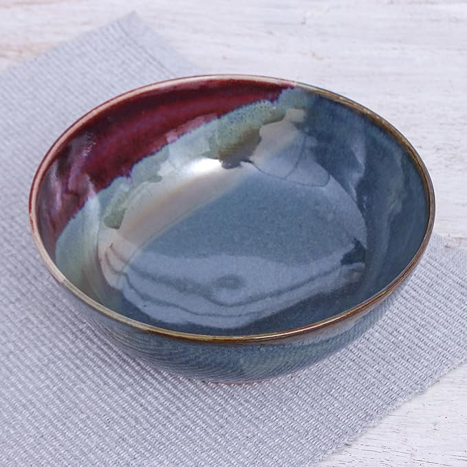 NOVICA Blue Red Ceramic Bowls Dinnerware Set From Thailand 'Happy Harvest'