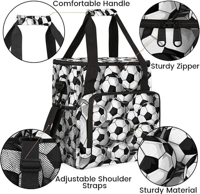 Football Black And White Coffee Maker Carring Bag Large Insulated Storage Organizer Case Tote Bags with Shoulder Strap for Travel Work Picnic