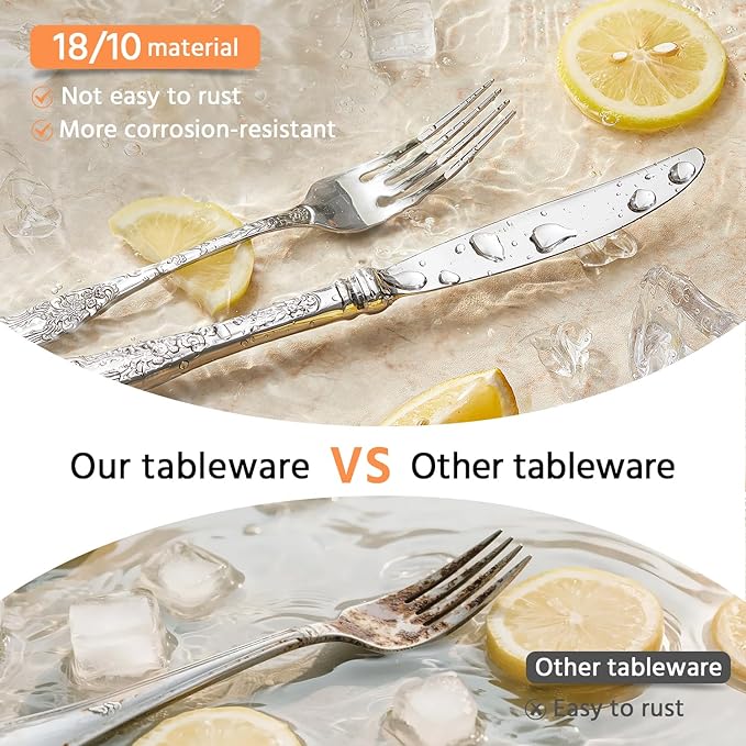 KINGSTONE Vintage Carved Silverware Set 10-Piece 18/10 Stainless Steel Flatware Cutlery Set with Retro Royal Thick Handle Tableware Utensils for Home Restaurant party Wedding Dishwasher Safe