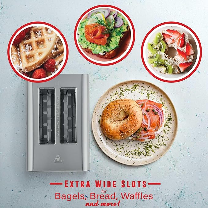 Brentwood TS-228DS Touch Screen 2-Slice Digital Toaster with Extra Wide Slots 6 Shade Settings Bagel Cancel Defrost and Reheat Functions Stainless Steel