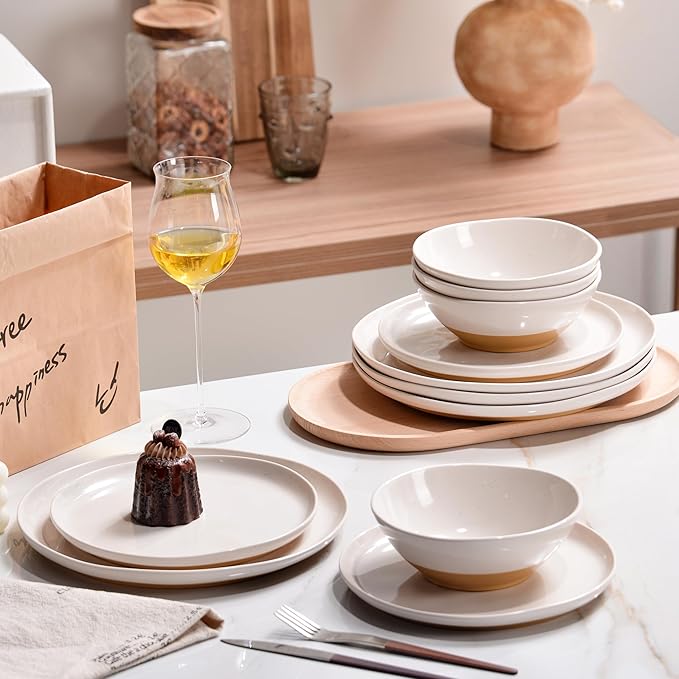 FINE&ampNICE Melamine Dinnerware Sets of 12 Pcs Kitchen Plates and Bowls Set for 4 Unbreakable Dishware Sets for Patio RV and Camping Dishwasher Safe (White with Brown)