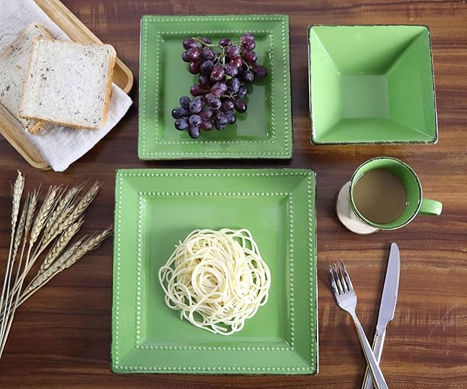 Stylish and Elegant 16 Piece Square Beaded Stoneware Dinnerware set Service for Hosting Parties and Events - Green 16 Piece Square Beaded
