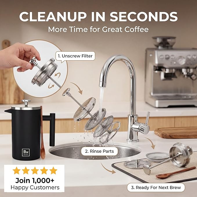 Barista Warrior French Press Coffee Maker Stainless Steel with Built-In Thermometer - Insulated Double Wall Design Dual Filter System Stay-Cool Handle &amp Wood Spoon - Black
