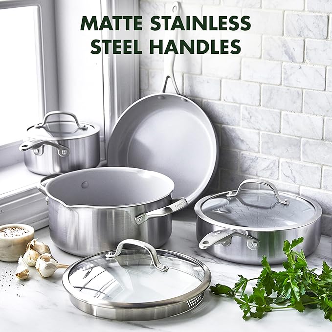 GreenPan Venice Pro Tri-Ply Stainless Steel Healthy Ceramic Nonstick 7 Piece Cookware Pots and Pans Set PFAS-Free Multi Clad Induction Dishwasher Safe Oven Safe Silver
