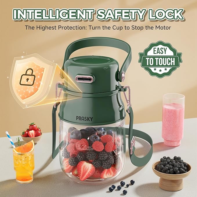 Portable Blender Prasky Personal Blenders for Shakes and Smoothies with 27oz Cup Lid and Shoulder Strap Type-C USB Rechargeable Personal Size Blenders BPA-free for Travel/Kitchen(Green)