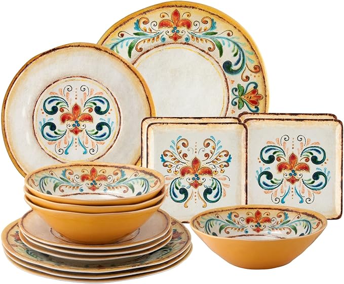 UPware 16 Piece Tuscany Melamine Dinnerware Sets Outdoor Dishes Set Plates and Bowls Sets Service for 4 Multicolor