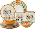 UPware 16 Piece Tuscany Melamine Dinnerware Sets Outdoor Dishes Set Plates and Bowls Sets Service for 4 Multicolor