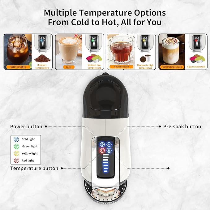 KOTLIE Single Cup Coffee Maker Multi Capsule Machine Compatible With Various Capsule Types 4 Temperature Settings 7 Water Volume Levels19 Bar(Glossy White)