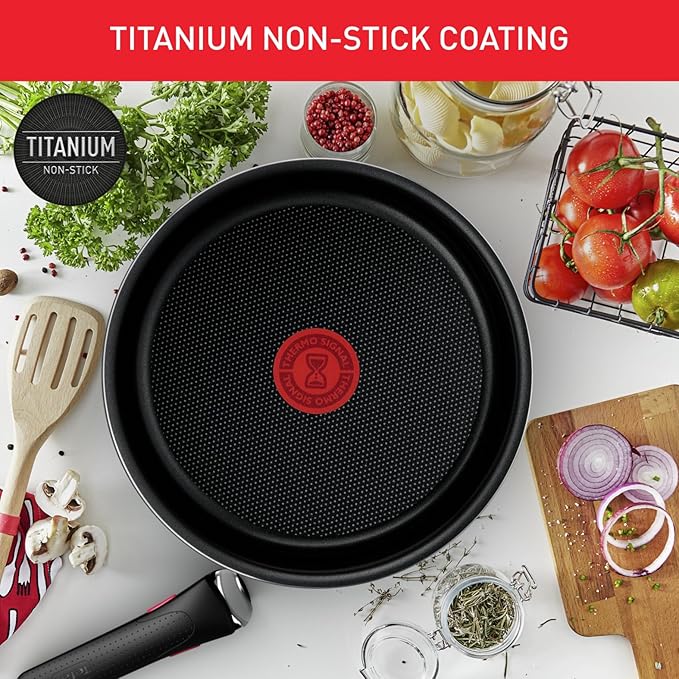 Tefal Ingenio Easy On 10 Piece Set Pots &amp Pans Set Stackable Easy Cleaning Non-Stick Coating Removable Handle Heat Indicator All Hobs Compatible Except Induction L1599143