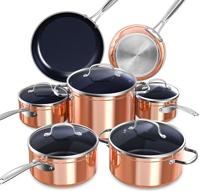 Nuwave Healthy Duralon Blue Ceramic Nonstick Cookware Set Diamond Infused Scratch-Resistant PFAS Free Dishwasher &amp Oven Safe Induction Ready &amp Evenly HeatsTempered Glass Lids &amp Stay-C