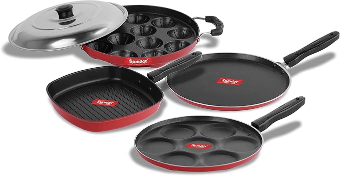 Sumeet 2.6mm Thick Non-Stick Sorrell Cookware set (Dosa Tawa – 26.5cm Dia + Multi snack maker – 26.5cm Dia + Grill Appam Patra With Lid – 23cm Dia + Grill Pan – 1.1Ltr Capacity – 22cm Dia)