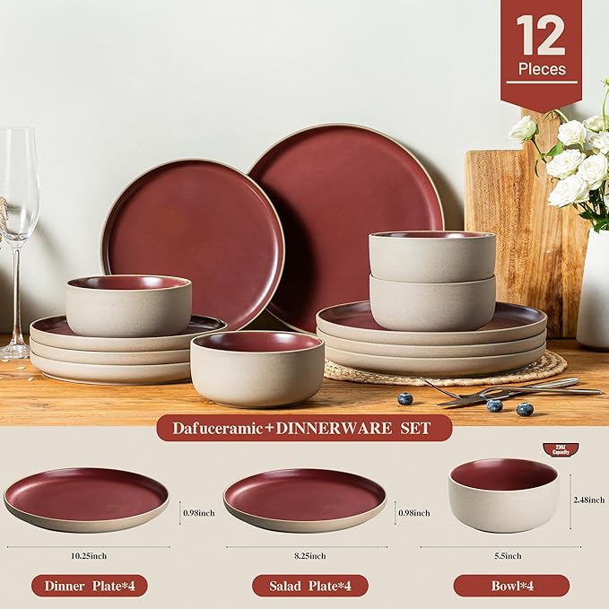 12 Pieces Dinnerware SetsPlates and Bowls SetsHandmade Reactive Glaze Dishes Set for 4 with at Least 10% Recycled Ceramic and the Raw Texture of the Clay (Angora Red)