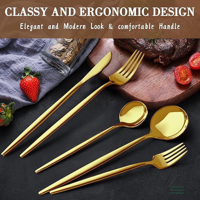 CEKEE Gold Silverware Set 40 Piece Gold Utensils Set Service for 8 Stainless Steel Flatware Set Include Knives Spoons and Forks Cutlery Set for Kitchen Home Restaurant Wedding Satin Finish