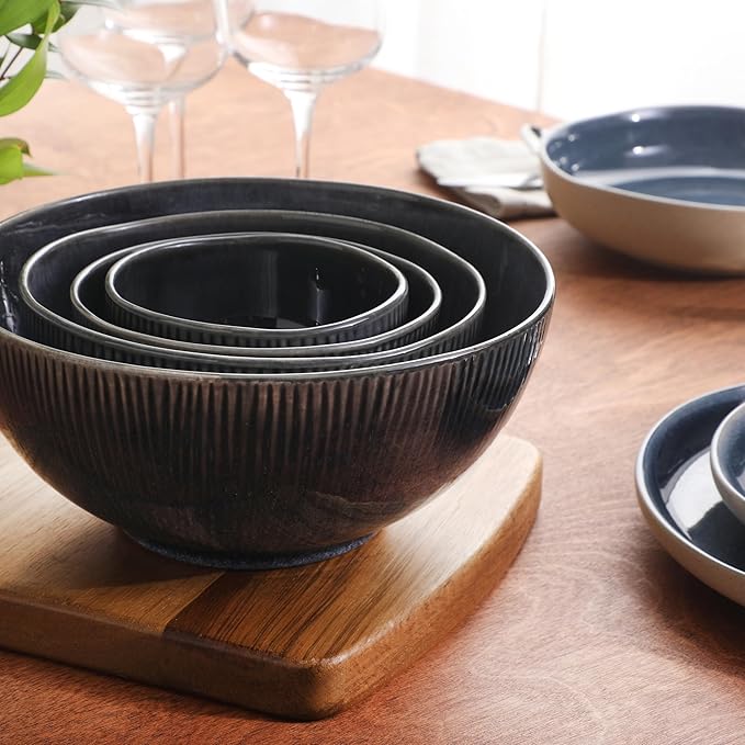 Gibson Elite Sandy Pines 4 Piece Nesting Bowl Set 4” 5.5” 7” &amp 9” Round Stoneware Bowls Reactive Glaze Finish Blue Mixing Prep &amp Serving Bowls Microwave &amp Dishwasher Safe