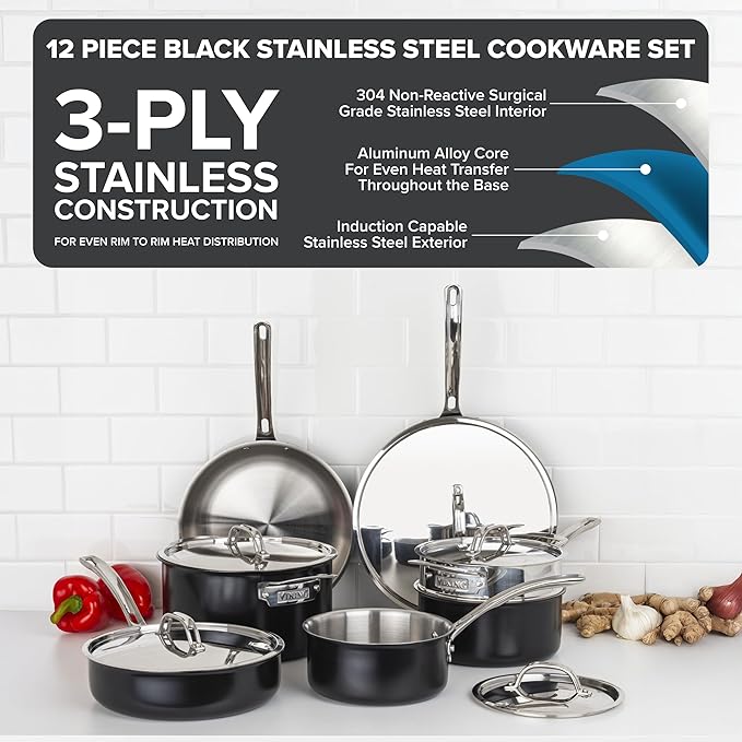 Viking 3-Ply Pots and Pans Set 12 Piece Stainless Steel Kitchen Cookware Set with Lids Dishwasher Safe Induction Ready Cast Black
