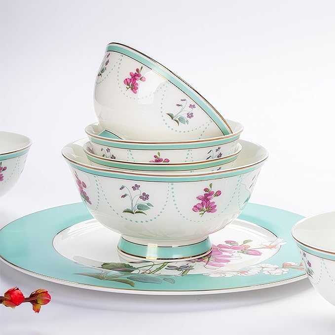 Fine Bone China Dinnerware SetPorcelain&ampCeramic Dinnerware SetsBone Stoneware &amp Ceramic Cookware Tableware Set Includes Dinner Plates|Spoons|Pasta Bowls|Soup Pot|Chopsticks (26PCS * 6-Person