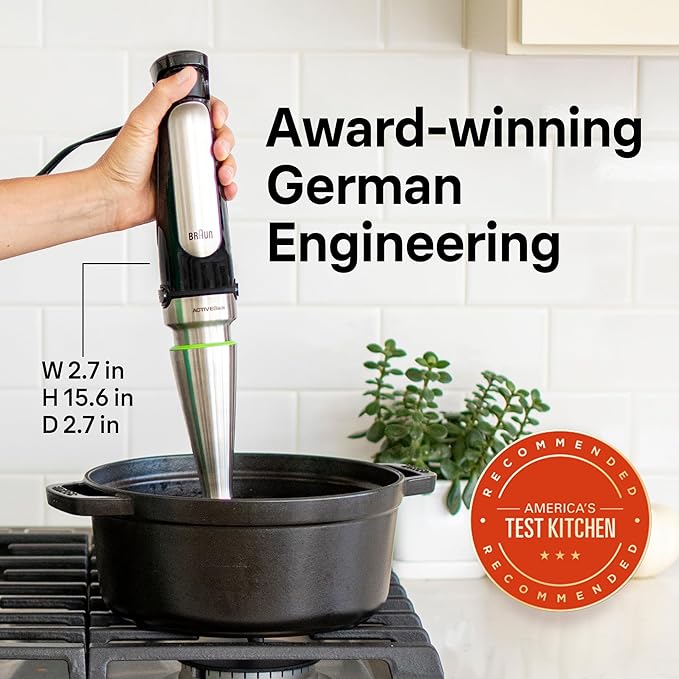 Braun 4-in-1 Immersion Hand Blender Powerful 500W Stainless Steel Stick Blender Variable Speed + 6-Cup Food Processor Whisk Beaker Masher Finer Blending MultiQuick MQ7077