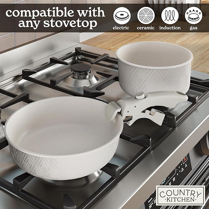 Country Kitchen Cookware Set with Removable Handle Oven &amp RV Safe Pots and Pans Set Cream Rhombus Original