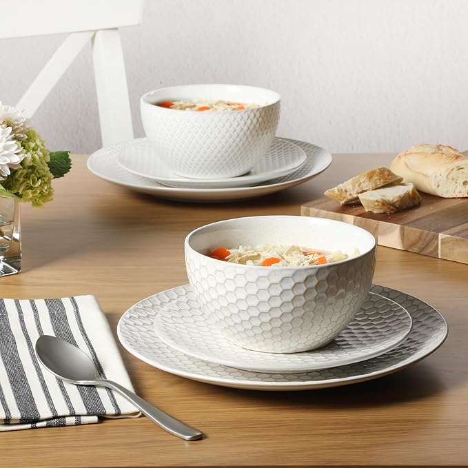 Gibson Elite Oyster Tide Embossed 12 Piece (Service for 4) Plates and Bowls Reactive Glaze Round Dishes Stoneware Ceramic Dinnerware Set White