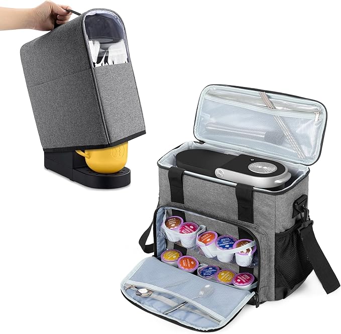CURMIO Coffee Maker Carrying Bag &amp Coffee Maker Dust Cover Compatible with Keurig K-Mini or K-Mini Plus Single Serve Coffee Brewer Travel Bag with Pockets for K-Cup Pods