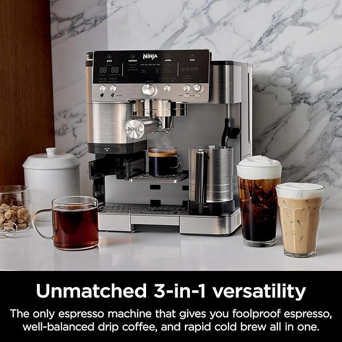 Ninja R-ES601 Luxe Café Premier Series Espresso Machine Drip Coffee Cold Brew Grinder Tamper Frother Silver (Renewed)
