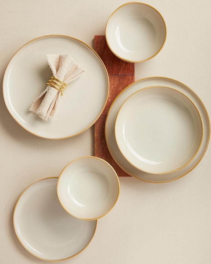24 Pieces Dinnerware Set for 6 with Pasta Bowls Complete Ceramic Dish Set Stackable &amp Glossy Stoneware Plate and Bowl Set for Effortless Everyday Hosting Yellow White