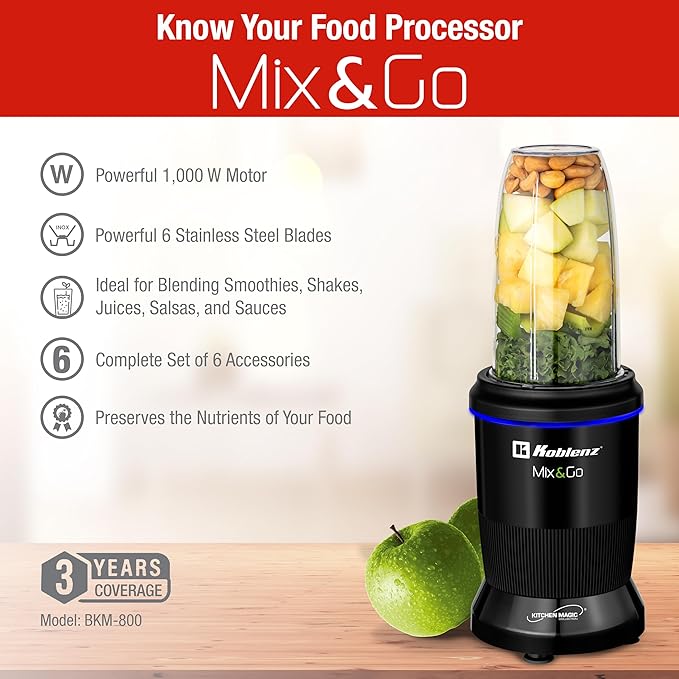 Koblenz Mix&ampGo Personal Blender 1000W Portable Blender for Shakes and Smoothies 6 Stainless Steel Blades Auto-Stop 30 oz BPA-Free To-Go Cup Recipe Book Easy to Clean 6-Piece Kit Black BKM