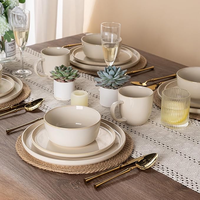 GBHOME Dinnerware Sets for 4 12 Pieces Stoneware Plates and Bowls Sets Scratch Resistant Dishes Dishwasher &amp Microwave Safe Reactive Glaze-Vanilla color