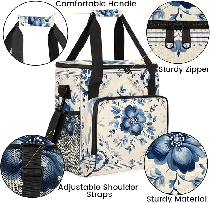 Blue Floral Pattern Coffee Maker Travel Bag for Keurig K-Mini/K-Mini Plus Insulated Waterproof Tote with Pockets Portable Single-Serve Brewer Case