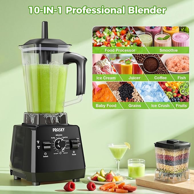 Blender Smoothie Blenders PRASKY Max.2400Watts/1000Watts Kitchen Blender and Grinder Combo 25000RPM Powerful Kitchen 68oz BPA Free 2 Containers Countertop Blenders Ice Crushing