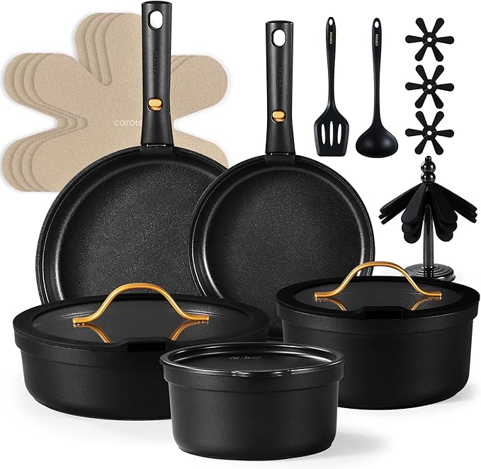 CAROTE 19pcs Pots and Pans Set Non Stick Nonstick Cookware Set Dishwasher/Oven/Fridge Safe Pots and Pans Removable Handle RV Oven Safe Cookware Induction Kitchen Set Black