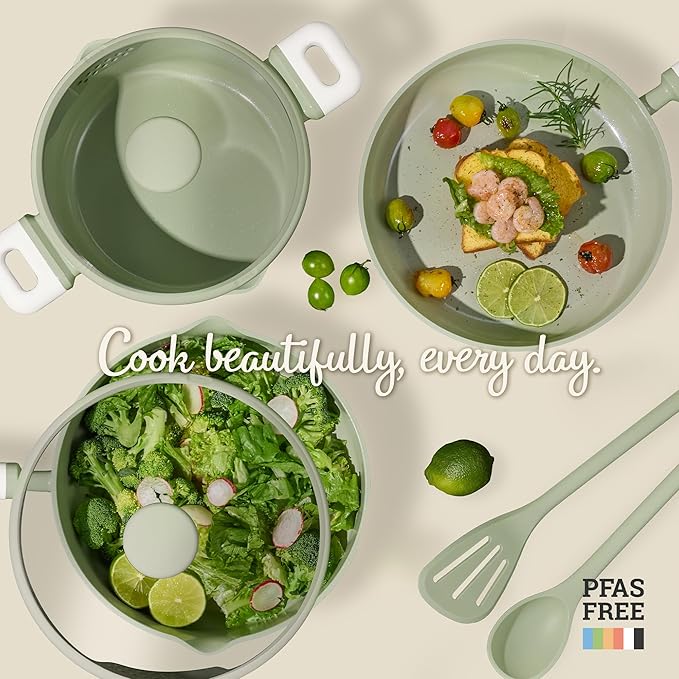 CAROTE Pots and Pans Set Nonstick Ceramic Cookware Set Green Cooking Set Kitchen Induction Set with Steamer PFAS PTFE Free9 Piece