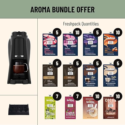 Flavia Aroma Brewer Bundle with 84 Freshpacks and 1 Merchandiser - Coffee Machine Makes Coffee Lattes Tea and other Hot or Iced Beverages Multiple Brew Sizes Black