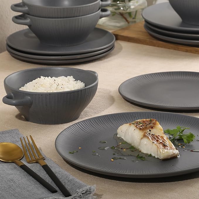 Gibson Elite Clover Hill 12-Piece Stoneware Dinnerware Set – Dark Blue Embossed Plates and Bowls with Matte Speckled Reactive Glaze Service for 4 – Microwave &amp Dishwasher Safe
